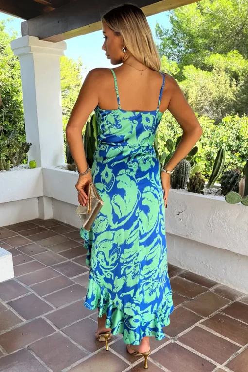 Green And Blue Abstract Printed Strappy Wrap Top High Low Frill Hem Midi Dress