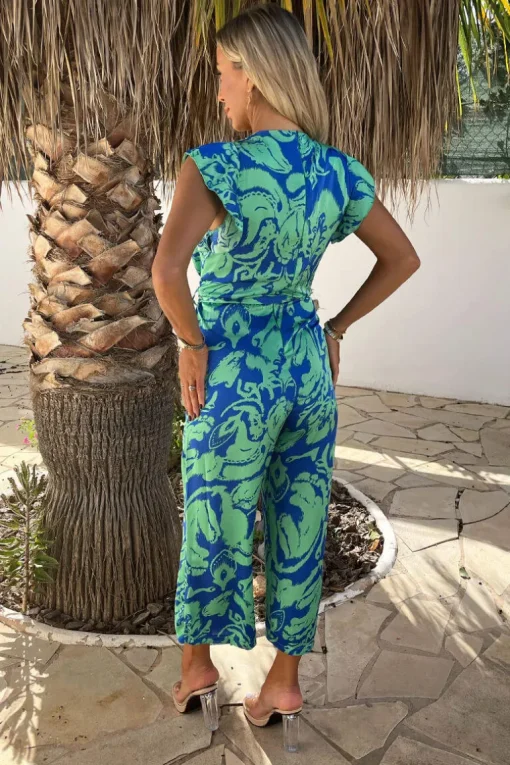 Green And Blue Abstract Printed Wrap Top Belted Jumpsuit