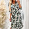Green And Blue Geometric Multi Printed  3/4 Cuffed Sleeve Wrap Tie Midi Dress