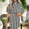 Green And Blue Geometric Printed High Neck Mini Dress
