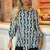 Green and Blue Geometric Printed 3/4 Sleeve Shirt