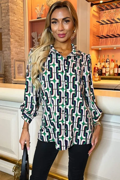 Green and Blue Geometric Printed 3/4 Sleeve Shirt