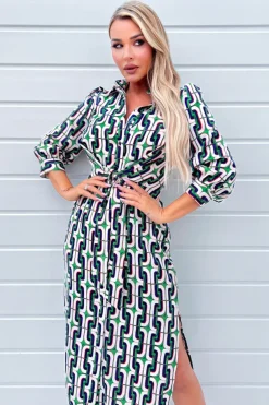 Green And Blue Geometric Multi Printed  3/4 Cuffed Sleeve Wrap Tie Midi Dress