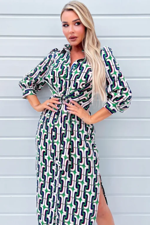 Green And Blue Geometric Multi Printed  3/4 Cuffed Sleeve Wrap Tie Midi Dress