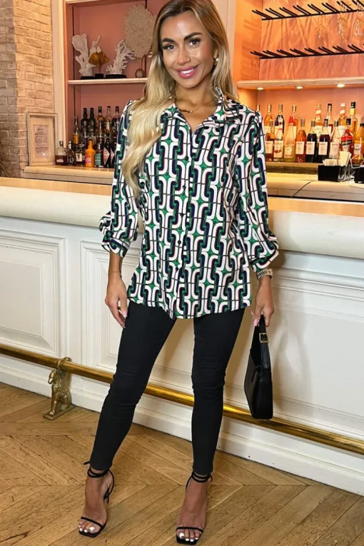 Green and Blue Geometric Printed 3/4 Sleeve Shirt