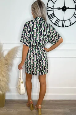 Green And Blue Geometric Printed High Neck Mini Dress