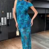 Green and Blue Printed Mesh Bodycon Midi Dress