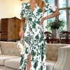 Green And Cream Printed Short Sleeve Wrap Over Midi Dress