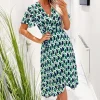 Green and Navy Printed Wrap Top Midi Dress
