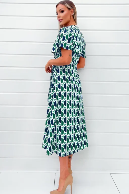 Green and Navy Printed Wrap Top Midi Dress