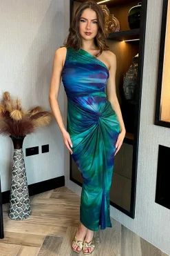 Green And Purple Tie Dye Print One Shoulder Knot Skirt Mesh Midi Dress