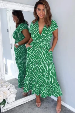 Green And White Animal Print Collared Smock Midi Dress