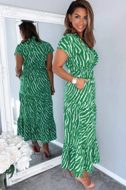 Green And White Animal Print Collared Smock Midi Dress