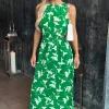 Green And White Floral Printed Cut Out Midi Dress