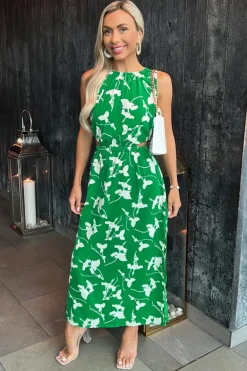 Green And White Floral Printed Cut Out Midi Dress