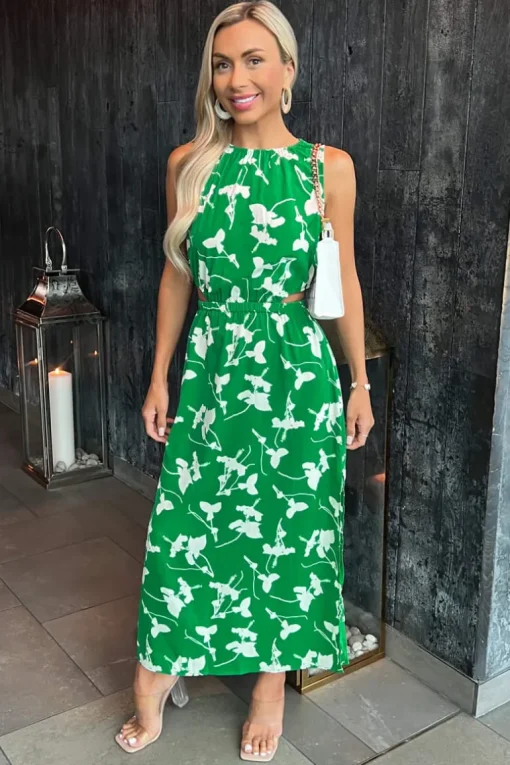 Green And White Floral Printed Cut Out Midi Dress