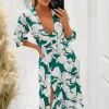 Green And White Floral Print Wrap Top Midi Dress