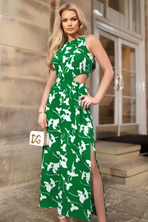 Green And White Floral Printed Cut Out Midi Dress