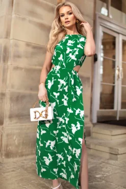 Green And White Floral Printed Cut Out Midi Dress