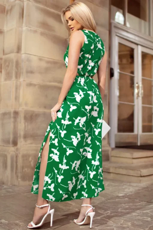 Green And White Floral Printed Cut Out Midi Dress