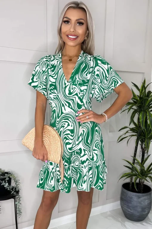 Green And White Printed V Neck Short Sleeve Ruffle Hem Mini Dress