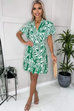 Green And White Printed V Neck Short Sleeve Ruffle Hem Mini Dress