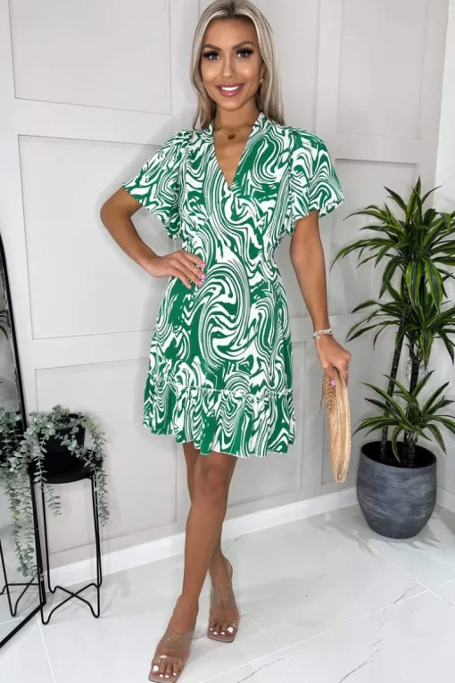 Green And White Printed V Neck Short Sleeve Ruffle Hem Mini Dress