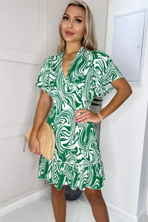 Green And White Printed V Neck Short Sleeve Ruffle Hem Mini Dress