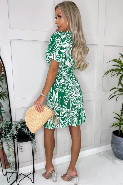 Green And White Printed V Neck Short Sleeve Ruffle Hem Mini Dress