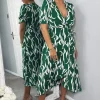 Green And White Printed Wrap Side Tie Midi Dress