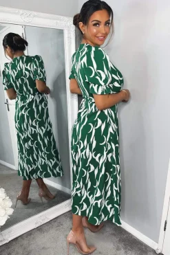 Green And White Printed Wrap Side Tie Midi Dress