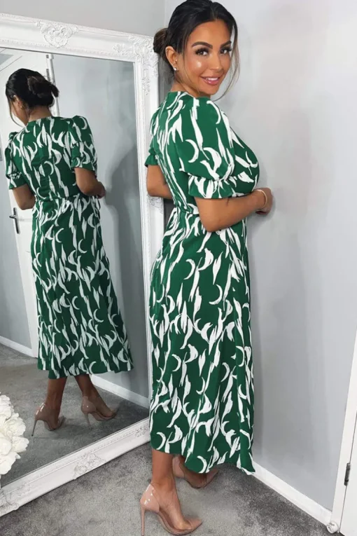 Green And White Printed Wrap Side Tie Midi Dress