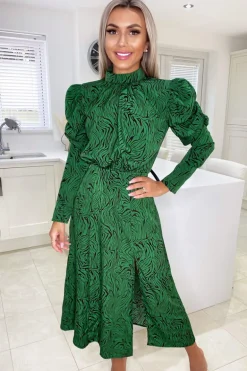 Green Animal Print Gathered Sleeve Split Midi Dress