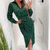 Green Animal Print Gold Button Gathered Midi Dress
