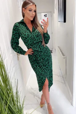 Green Animal Print Gold Button Gathered Midi Dress