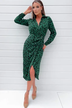 Green Animal Print Gold Button Gathered Midi Dress