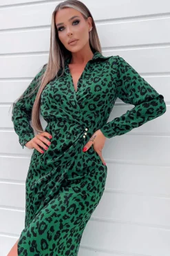 Green Animal Print Gold Button Gathered Midi Dress
