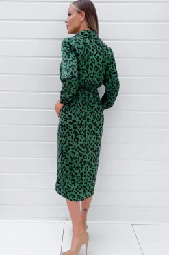 Green Animal Print Gold Button Gathered Midi Dress