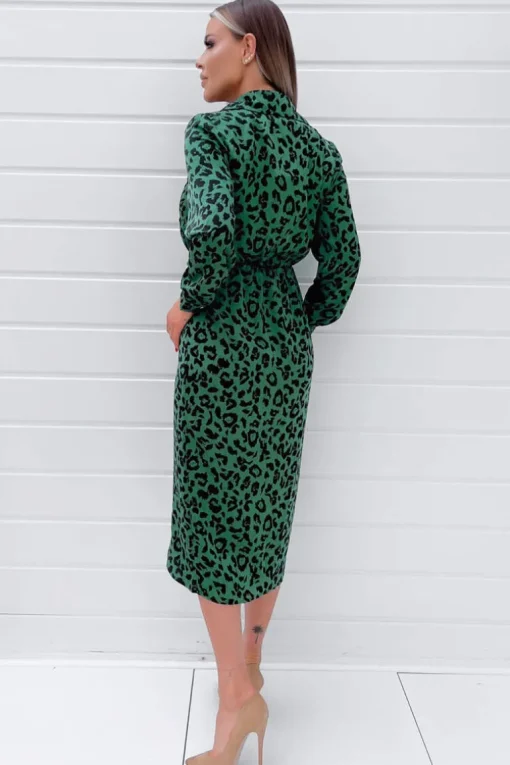 Green Animal Print Gold Button Gathered Midi Dress