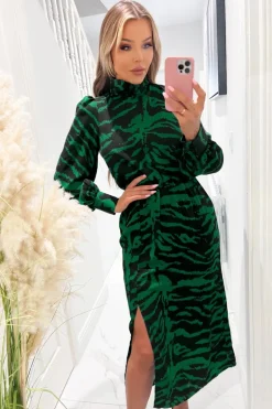 Green Animal Print High Neck Long Sleeve Midi Dress