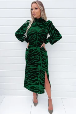 Green Animal Print High Neck Long Sleeve Midi Dress
