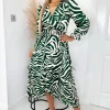 Green Animal Printed Belted Midi Dress