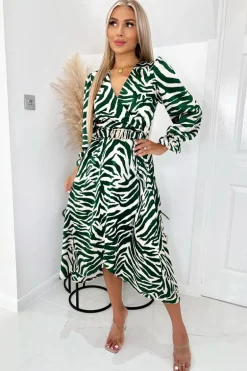 Green Animal Printed Belted Midi Dress