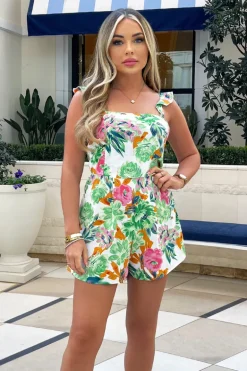 Green Floral Frill Strap Playsuit