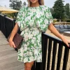 Green Floral Printed Batwing Mini Dress