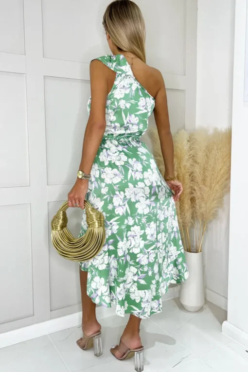 Green Floral Printed One Shoulder Frill Detail Dipped Hem Dress