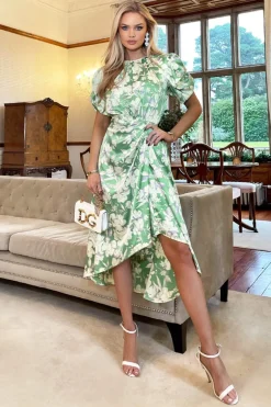 Green Floral Printed Short Puff Sleeve Gathered Side Midi Dress