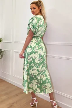 Green Floral Printed Short Puff Sleeve Gathered Side Midi Dress
