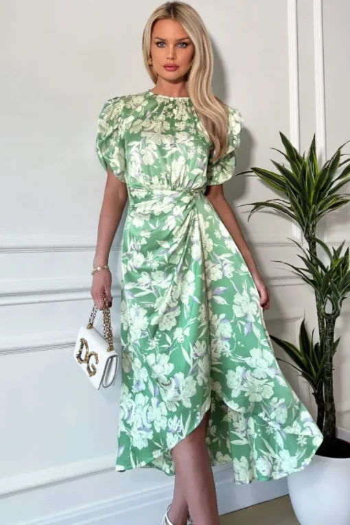 Green Floral Printed Short Puff Sleeve Gathered Side Midi Dress