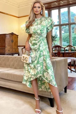 Green Floral Printed Short Puff Sleeve Gathered Side Midi Dress